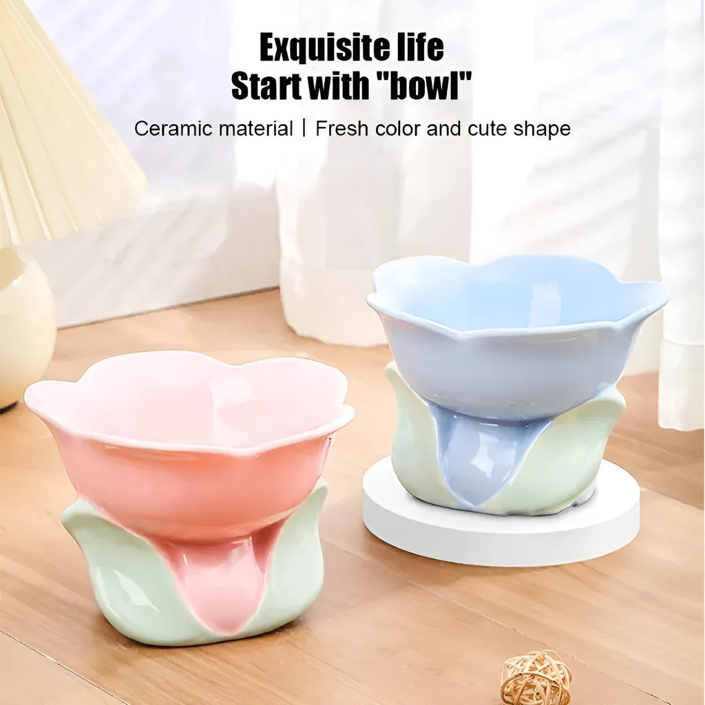 Blue ceramic raised pet bowl with floral pattern and non-slip base for cats and small dogs
