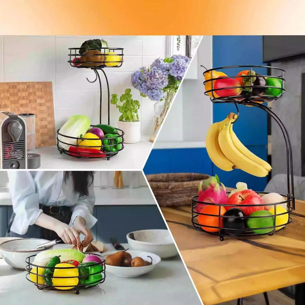 Black double-layer wrought iron fruit basket with two storage tiers for organising fruits and vegetables.