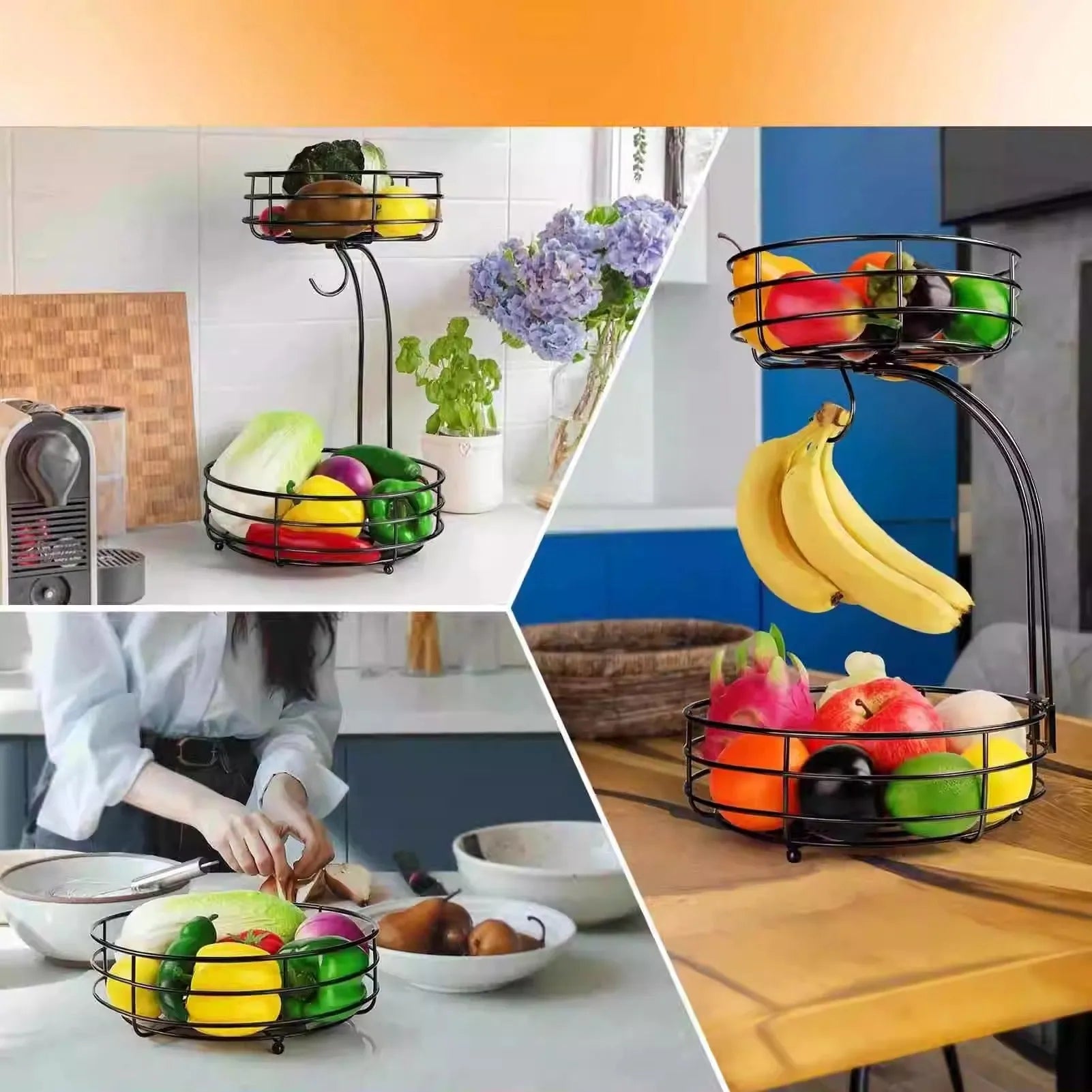 Black double-layer wrought iron fruit basket with two storage tiers for organising fruits and vegetables.