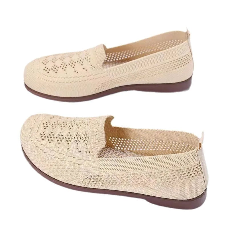 Elderly women's wide fit antiskid mesh shoes in beige, black and brown colours