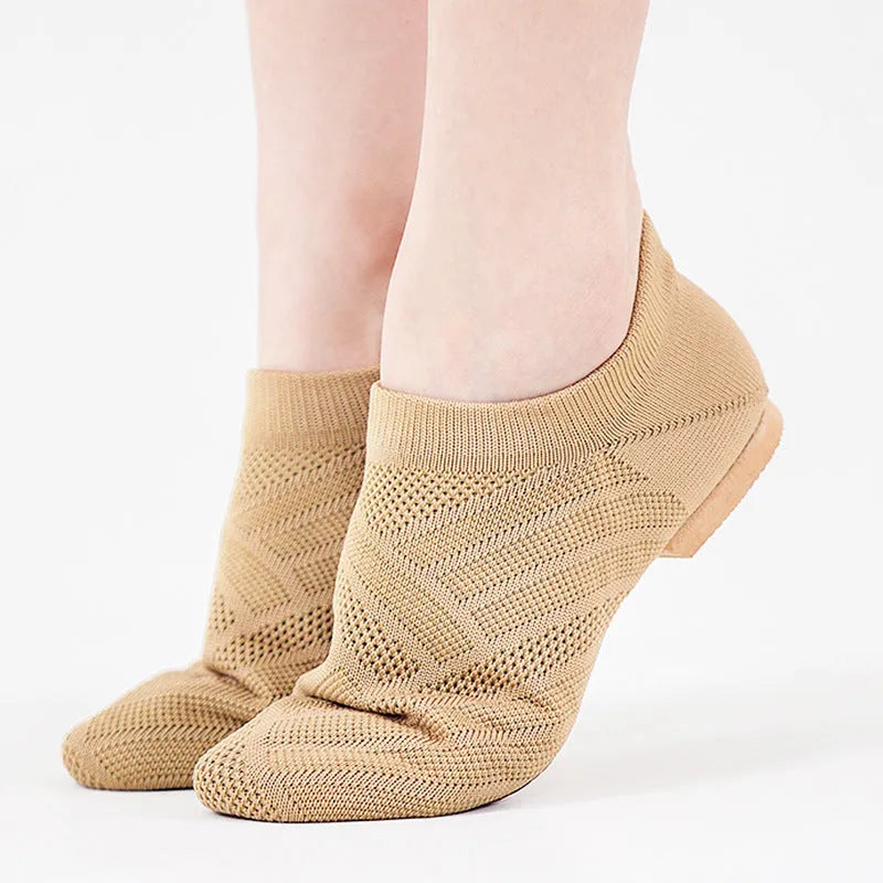 Camel colour Latin dance shoes with simple print, cotton mesh upper, and leather sole on a neutral background.