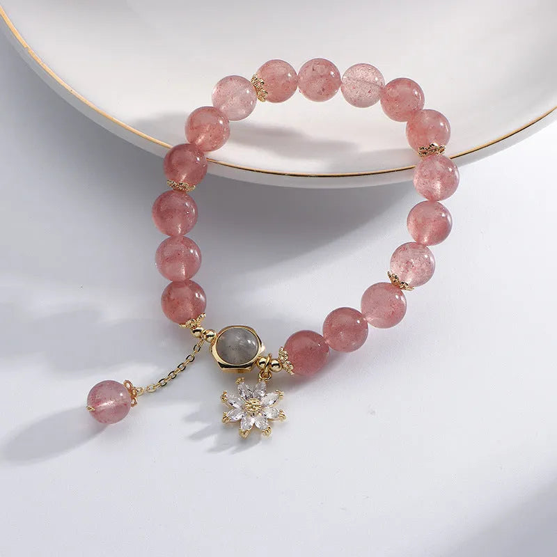 Strawberry quartz crystal bracelet with floral design in Mori and Korean style