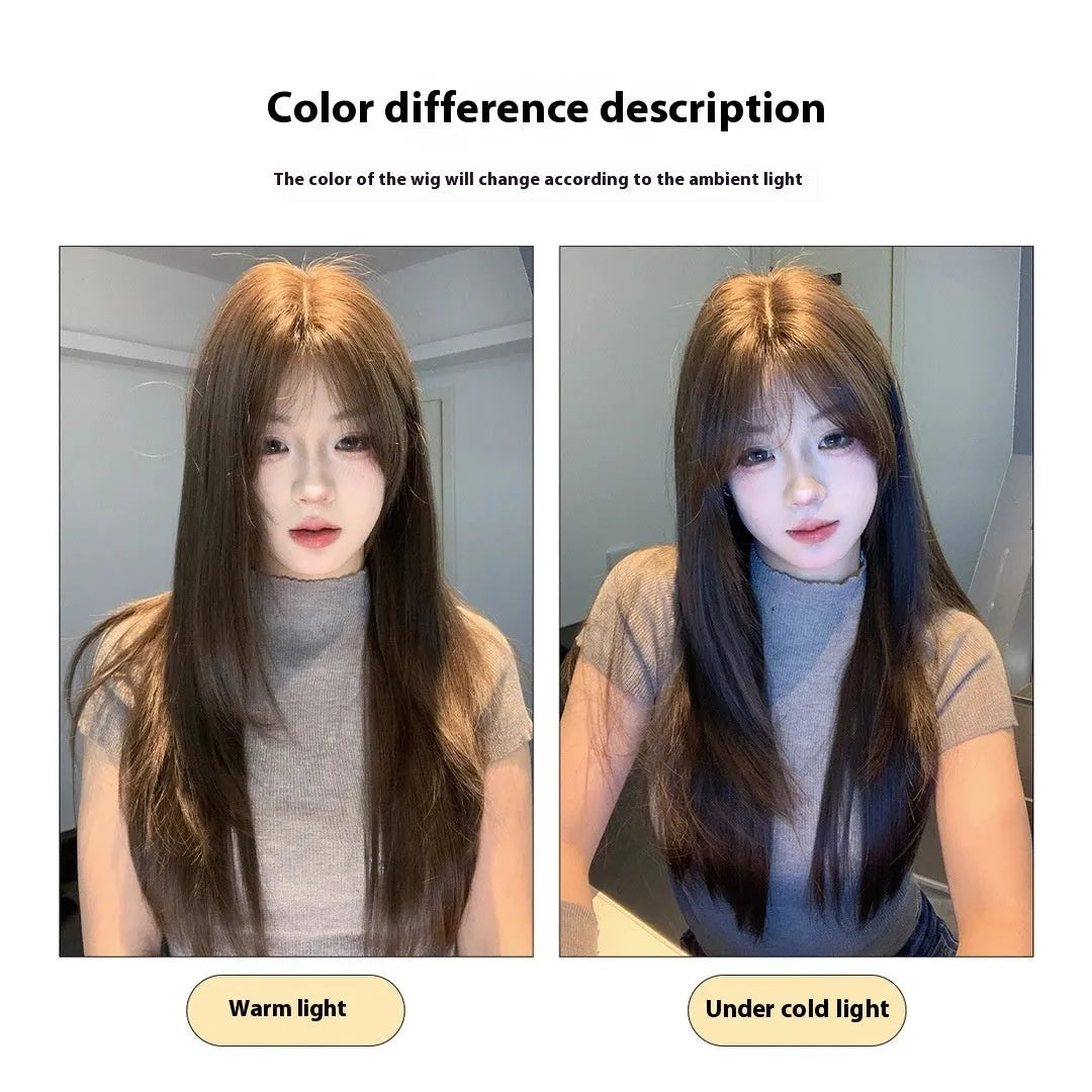 Layered long straight cold brown synthetic full-head wig with lace-style hair net