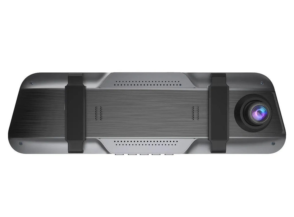 Black rearview mirror dash cam with 10-inch touchscreen display showing road recording