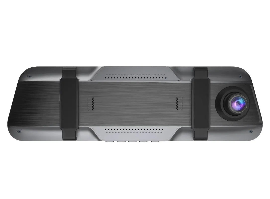 Black rearview mirror dash cam with 10-inch touchscreen display showing road recording