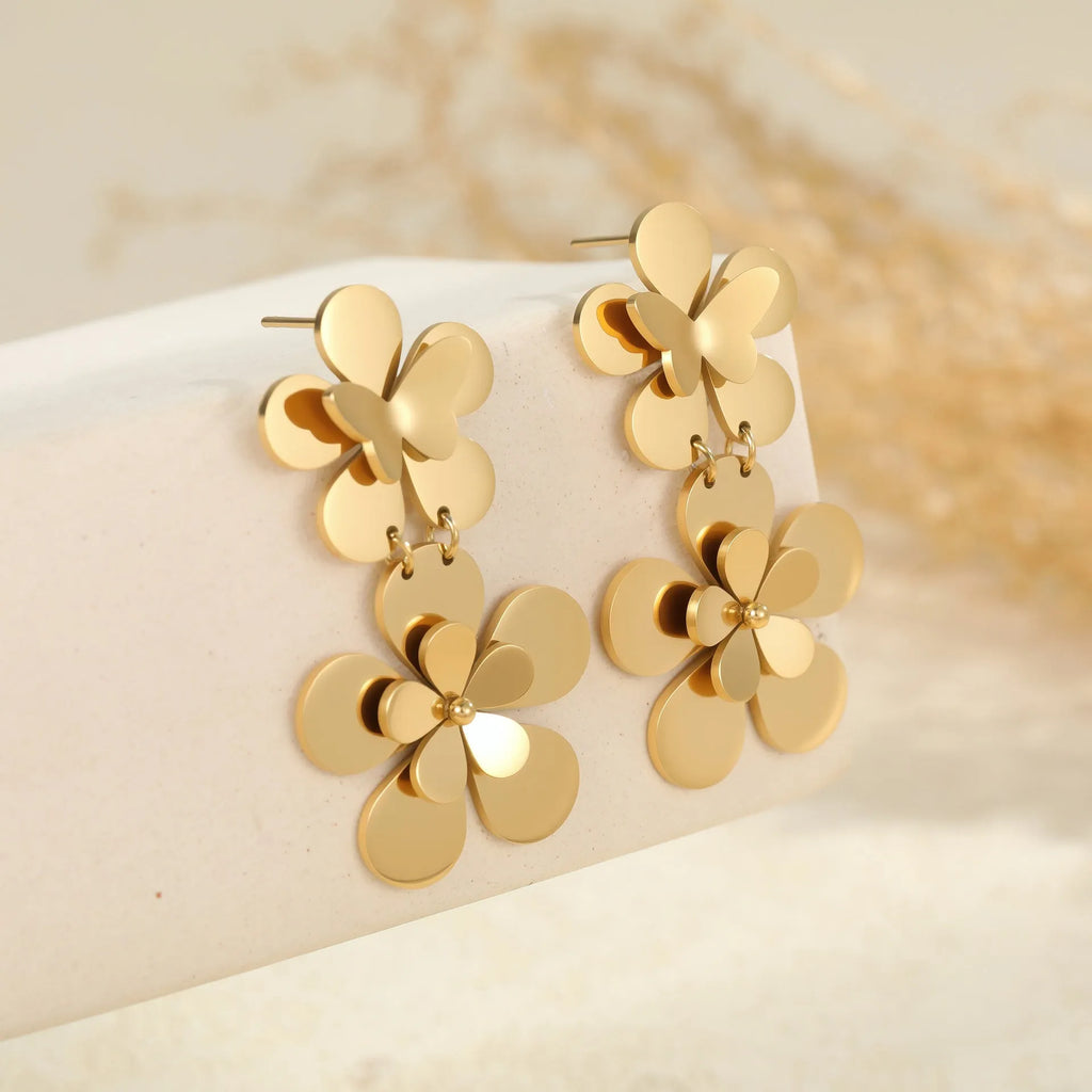 Gold-coloured stainless steel earrings with floral and butterfly design for women
