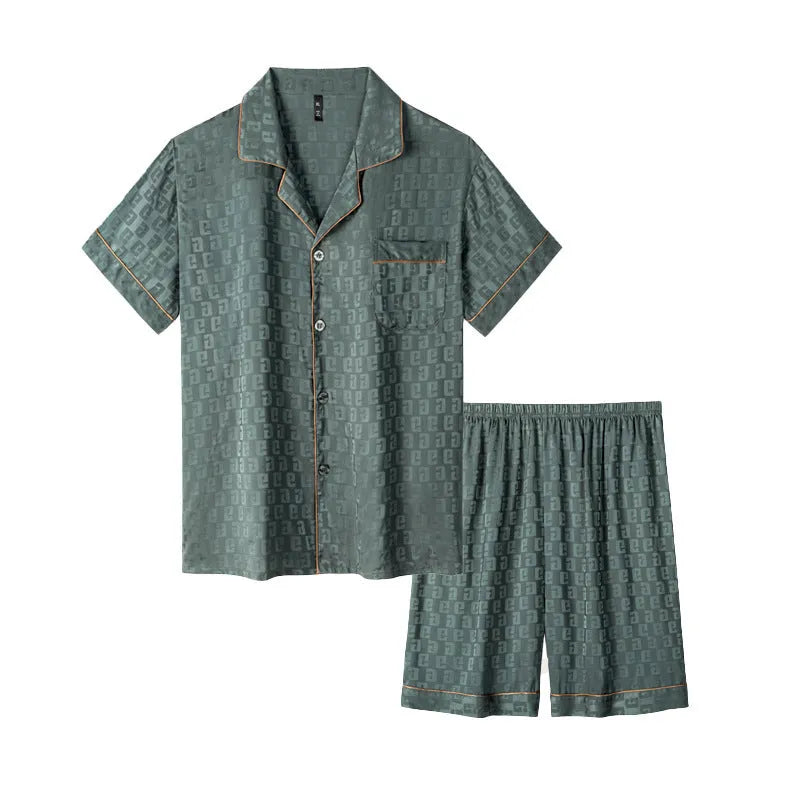 Men's lightweight ice silk pyjama set in a cardigan and shorts style with a satin jacquard pattern