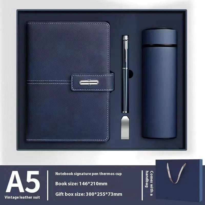 A5 notebook with PU leather cover shown in multiple colour options including black, red, green, blue, and orange.
