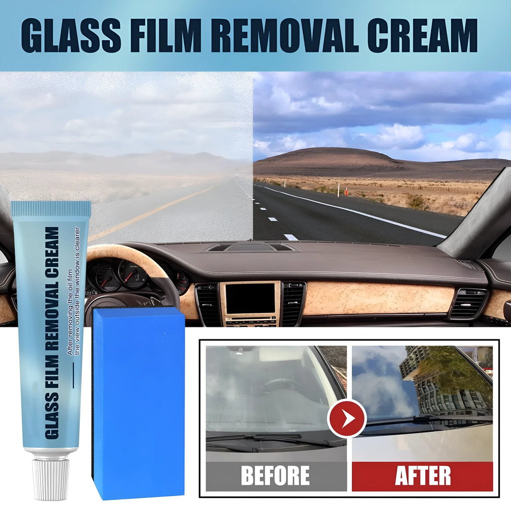 Blue car glass oil film remover bar and sponge for cleaning windshields and windows.