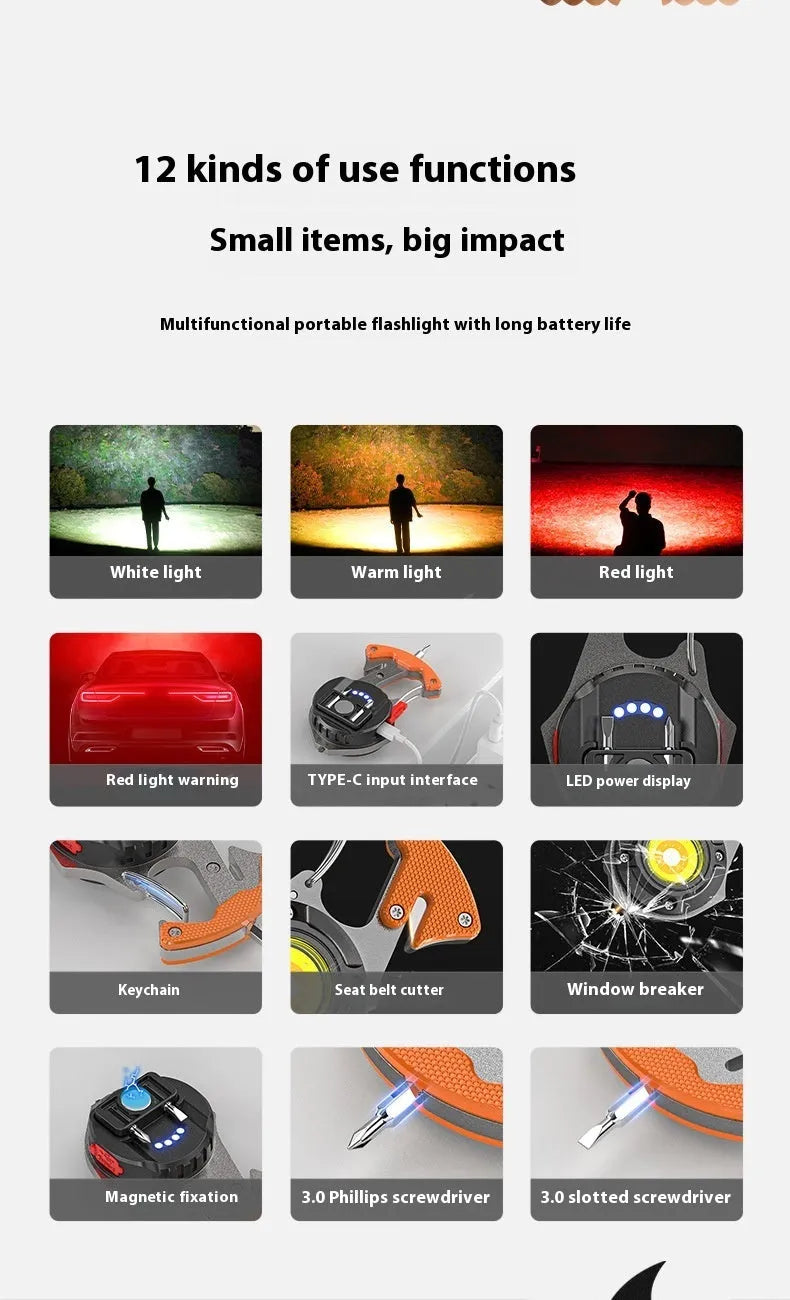Silver and black multifunctional keychain light with LED array, window breaking hammer tip, and screwdriver.