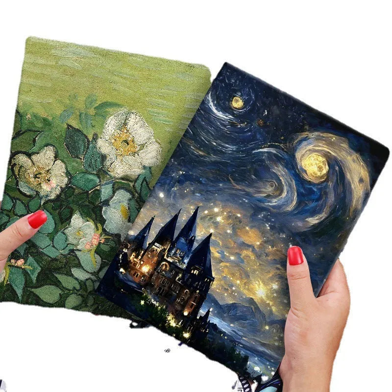 Handmade liquid silicone iPad flip case with floral design, shown open next to an iPad.