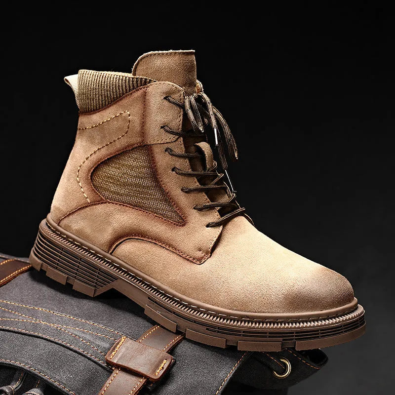 Men's vintage style Martin boots in black, sand, and grey colours with a low thick heel and round toe.