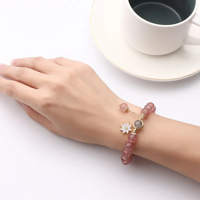 Strawberry quartz crystal bracelet with floral design in Mori and Korean style