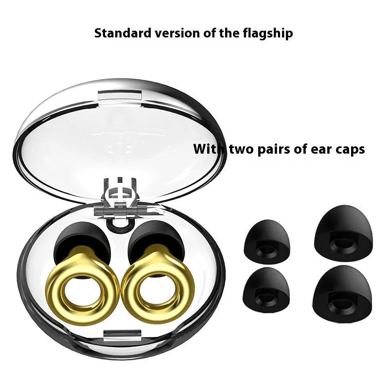 Set of reusable silicone earplugs in multiple colours with a storage box and spare ear caps.