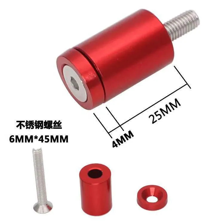 Aluminium engine cover spacers in black, blue, and red colours with installation hardware