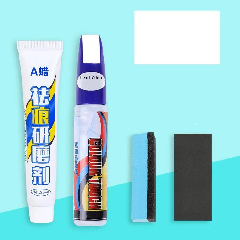 Automotive paint repair pen kit with touch-up paint, rubbing compound, sponge applicator, and sandpaper for car scratch repair