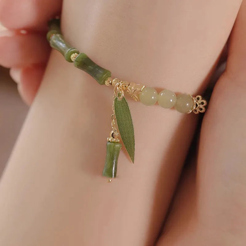 Chinese style bamboo leaf glass bracelet for women with manual craftsmanship