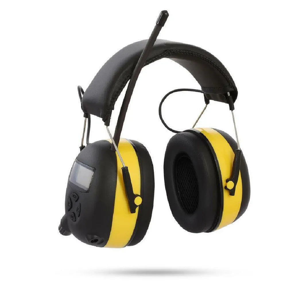 Black and yellow anti-noise earmuffs with 30dB NRR, AM/FM radio, adjustable headband, and audio input socket