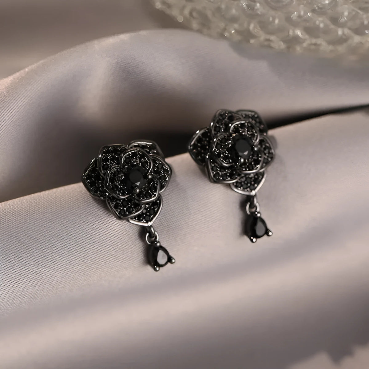 Black rose colour zircon stone floral stud earrings with 18K gold electroplated finish