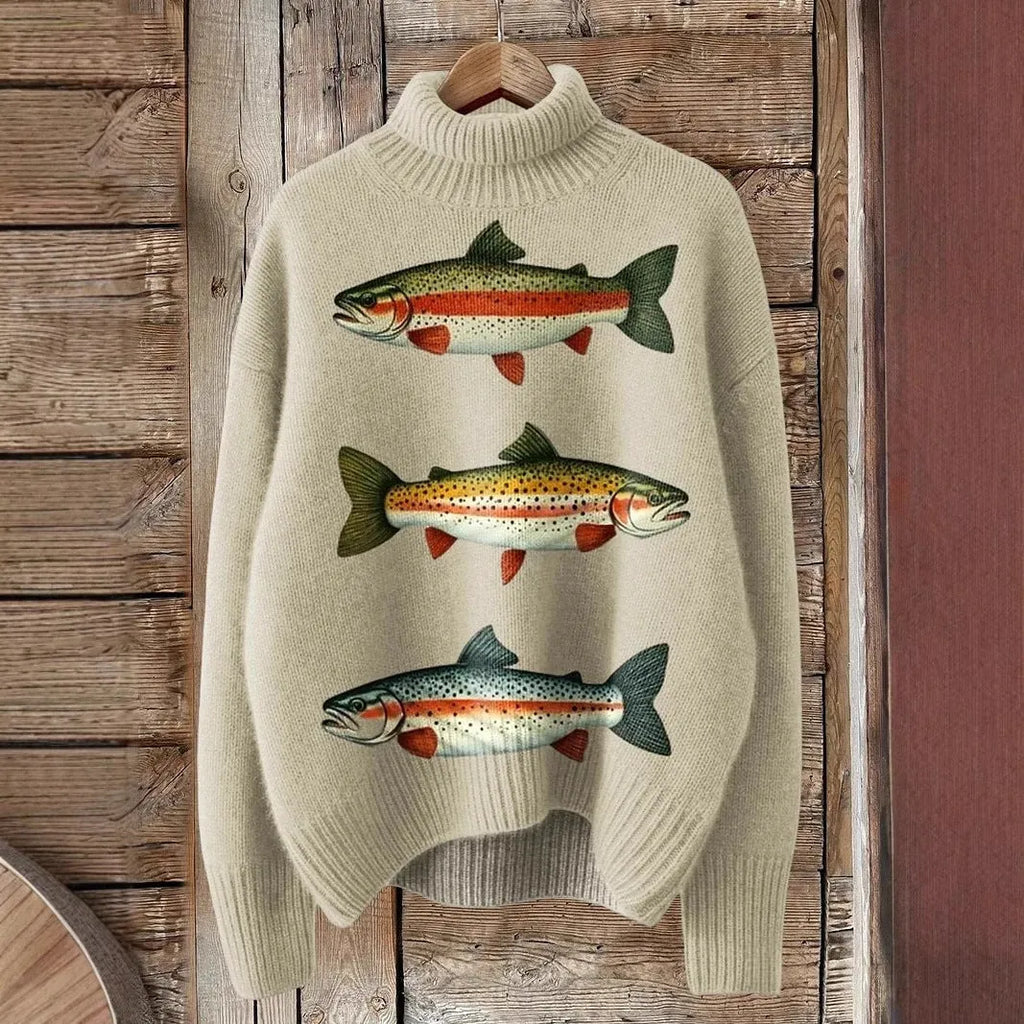 Women's Christmas printed turtleneck sweater in macaron colours with painting pattern