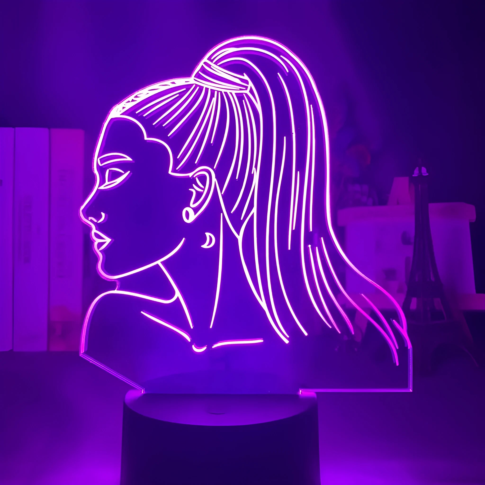 European style acrylic 3D LED night light showing colour options on a black base.