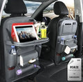 Multifunctional PU leather car storage bag hanging on seat back with multiple pockets and trash can function in beige color