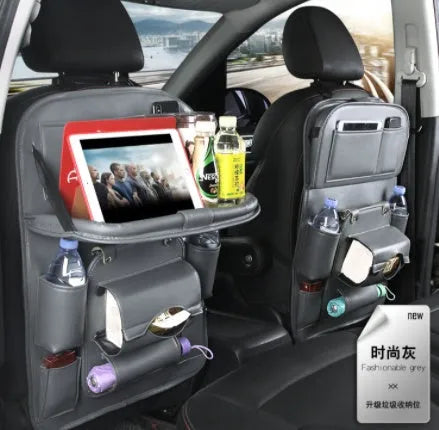 Multifunctional PU leather car storage bag hanging on seat back with multiple pockets and trash can function in beige color