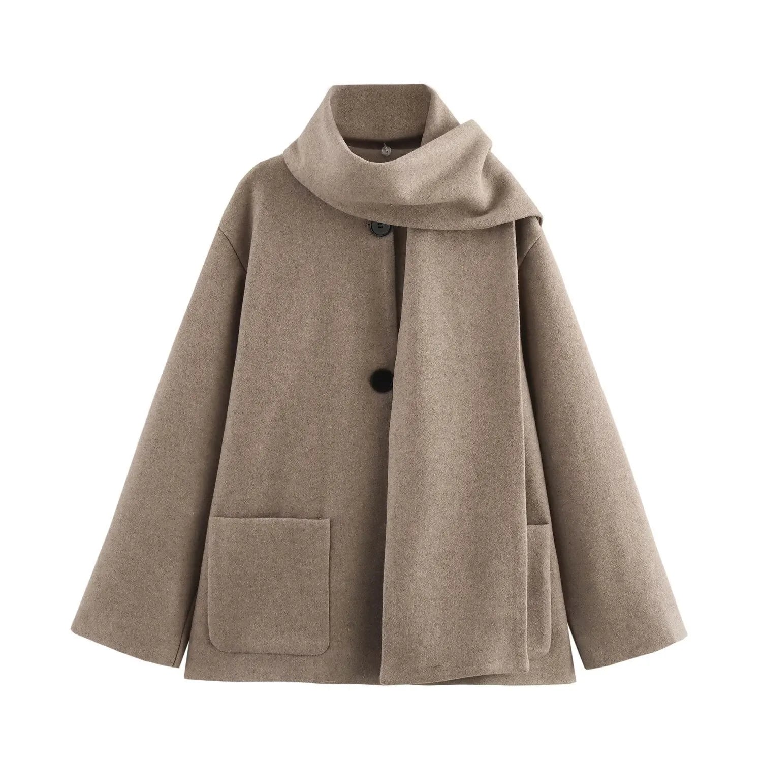 Women's long grey polyester coat with an artificial fur collar and pockets.