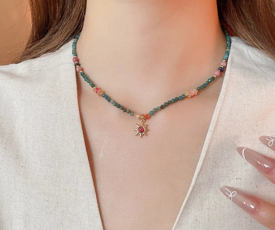 French royal style freshwater pearl necklace with blue sun stone pendant on clavicle chain