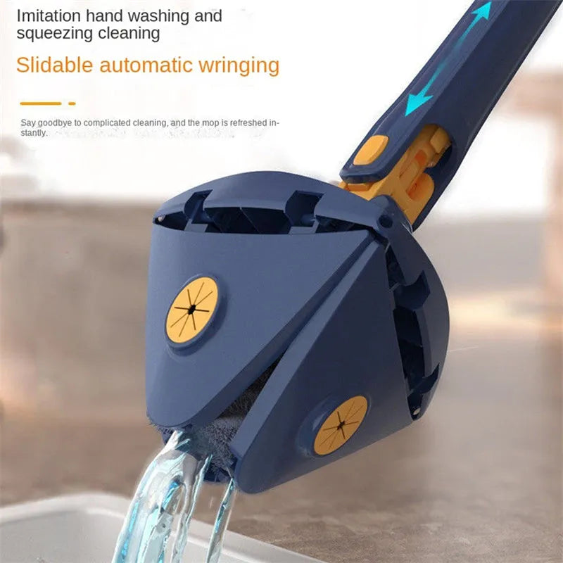 Blue triangle cleaning mop with rotating head and extendable stainless steel pole