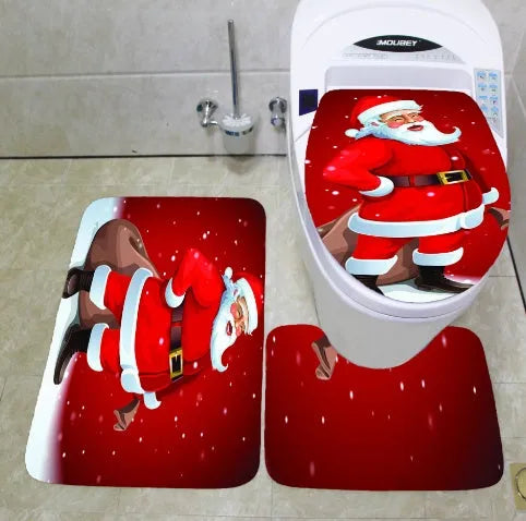 Christmas bathroom decoration set with flannel toilet cover, floor mat, and shower curtain in Santa design