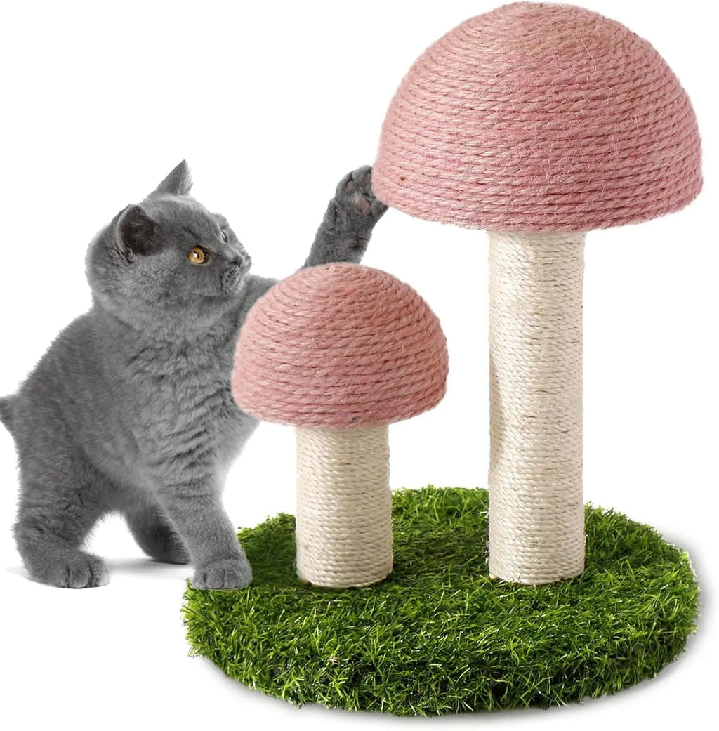Pink mushroom-shaped cat scratching post with sisal fibre caps and pole for small cats.