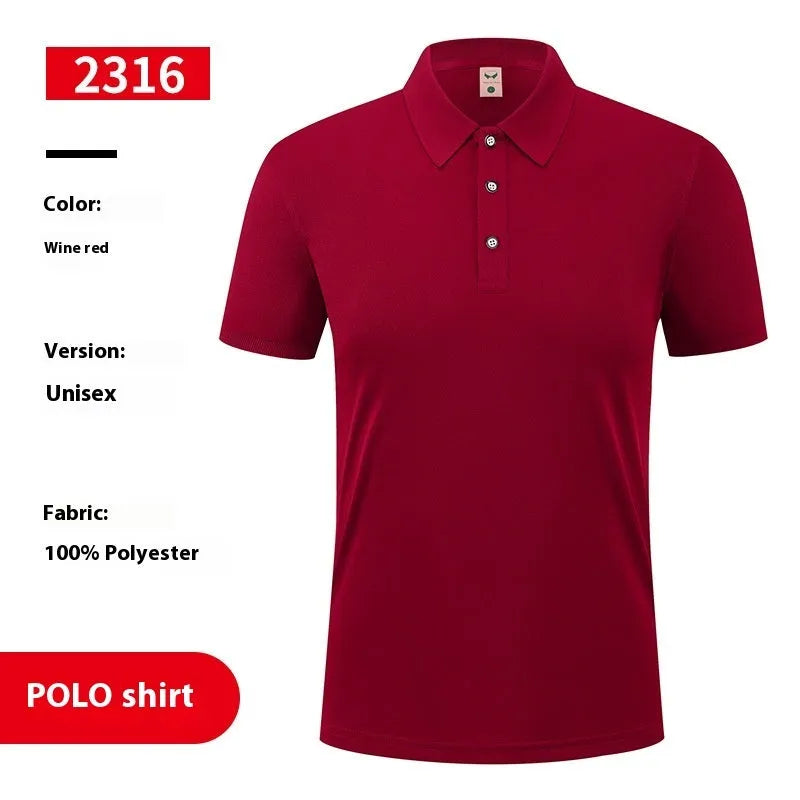 Short sleeve ice silk polo shirt with advertising logo in multiple colours on a hanger