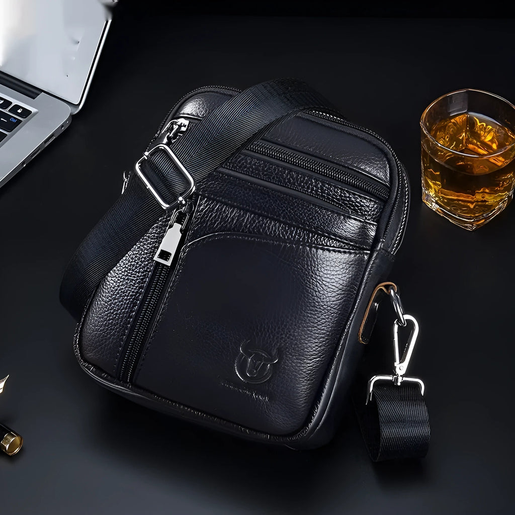 Black genuine leather men's retro style shoulder messenger bag