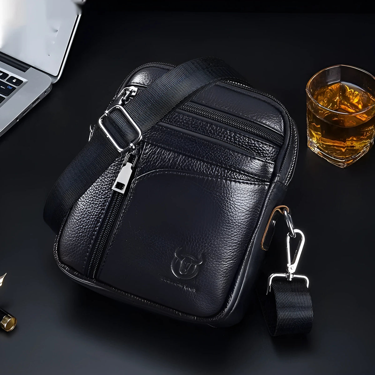 Black genuine leather men's retro style shoulder messenger bag
