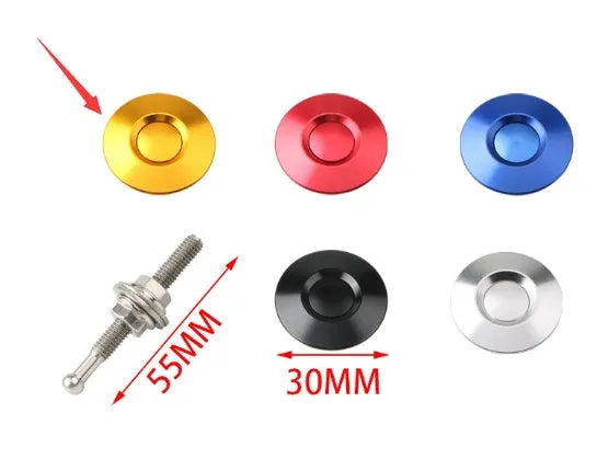 30mm diameter aluminium engine cover lock with steel screw in silver finish on a dark background.