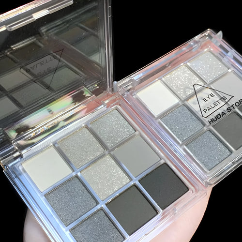CZ0069 9-colour smoked eyeshadow palette compact showing white, silver, black, and iron grey shades.
