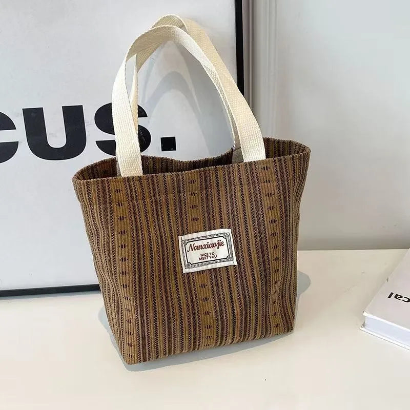Japanese style corduroy handbag in dark brown, gray, or ivory white with large capacity for daily use