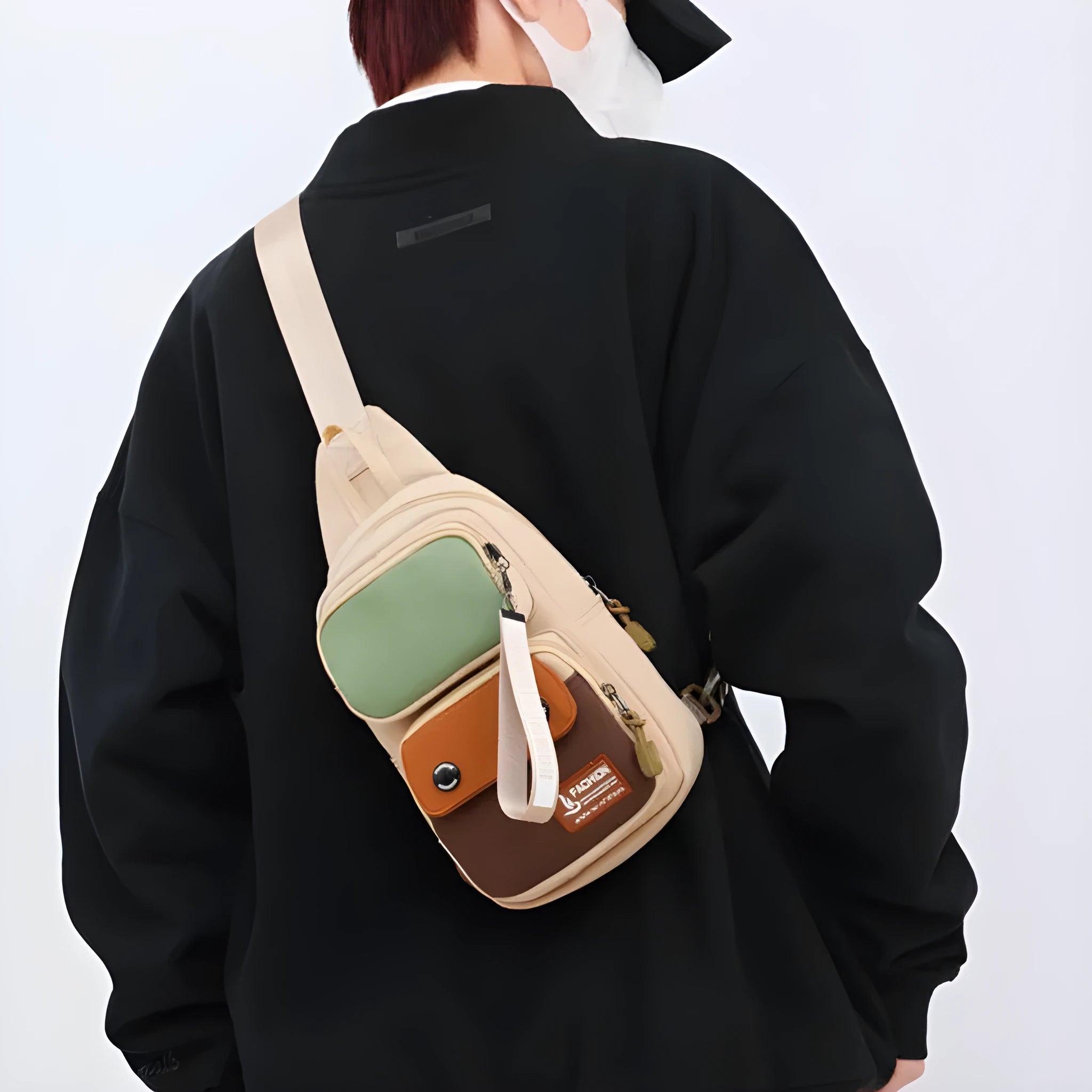 Outdoor nylon crossbody shoulder bag with letter pattern in black, beige contrast, or light brown contrast colour.