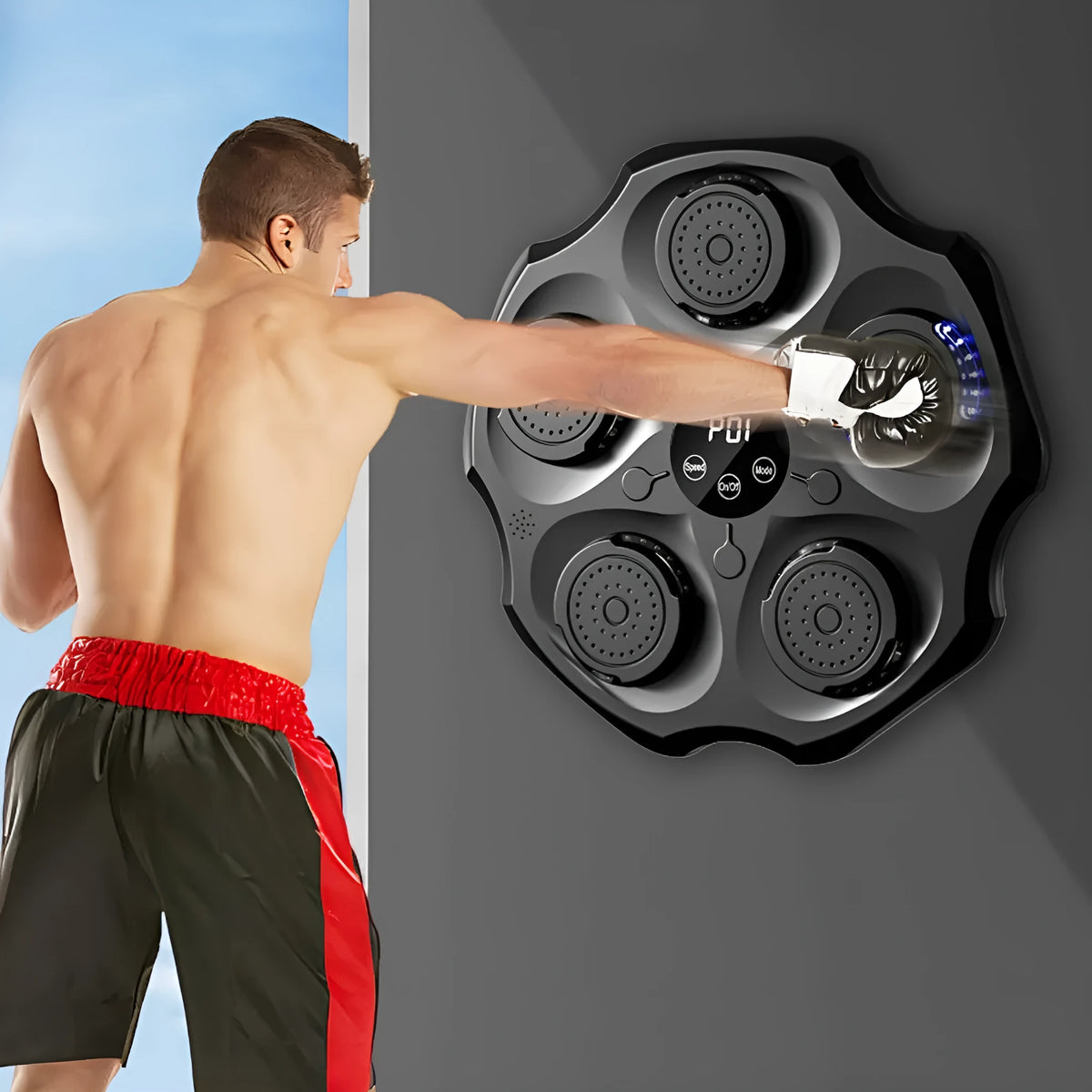 Black hanging boxing wall target with Bluetooth music rhythm recognition and included boxing glove for home fitness training