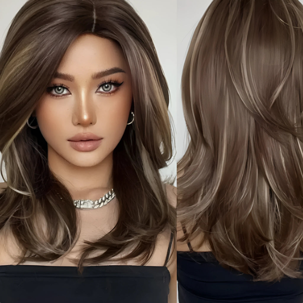 Mid-length platinum gradient curly synthetic wig with long bangs in Star Fashion style.