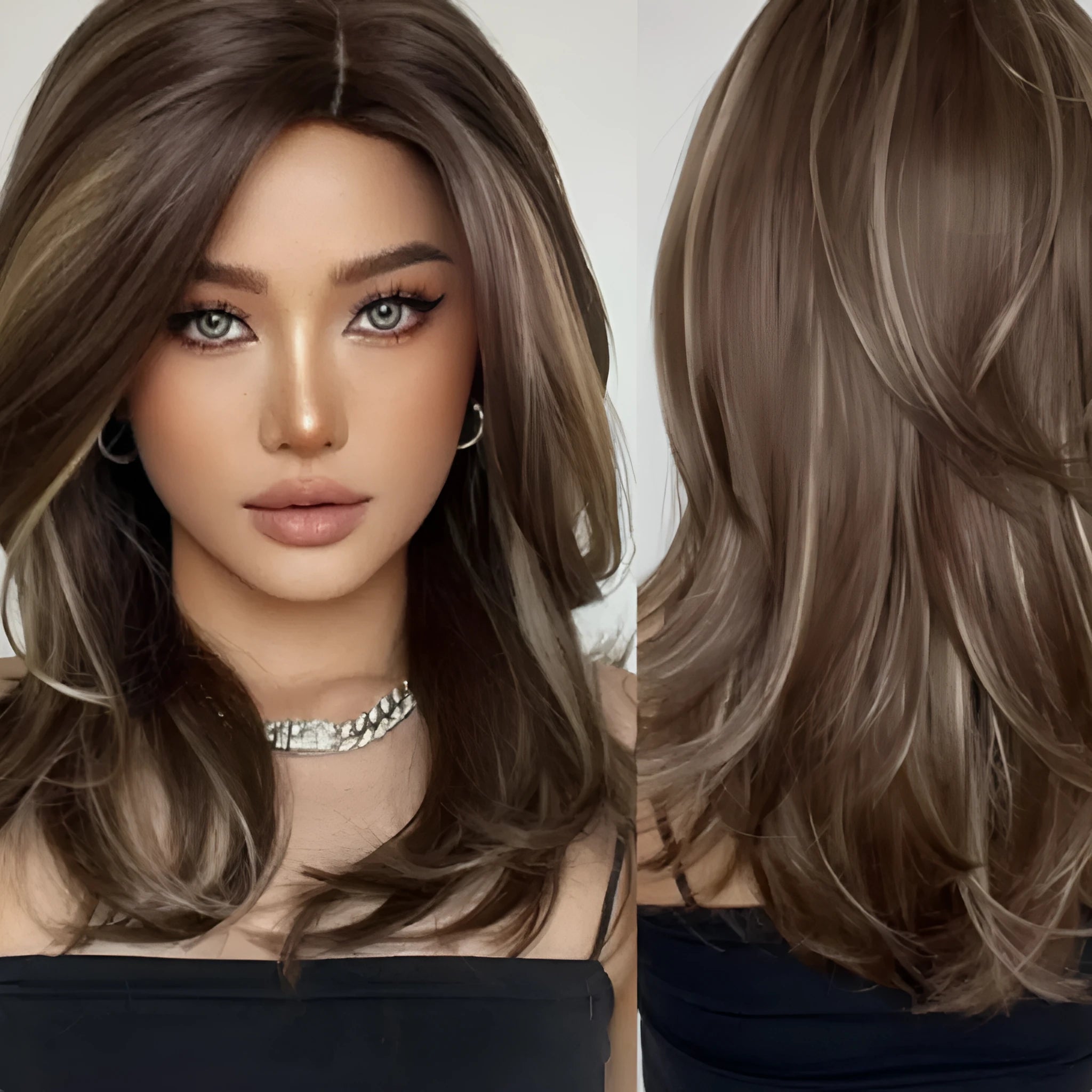 Mid-length platinum gradient curly synthetic wig with long bangs in Star Fashion style.