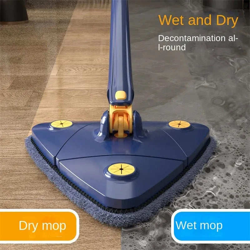 Blue triangle cleaning mop with rotating head and extendable stainless steel pole