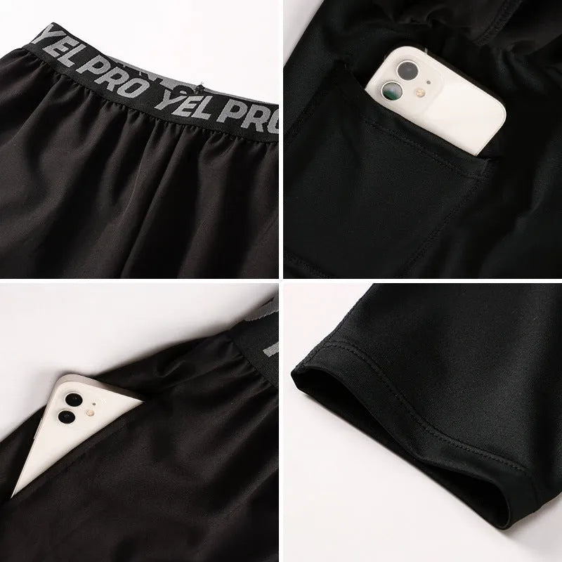 Grey men's tight-fit quick-dry sports pants for fitness training and running.