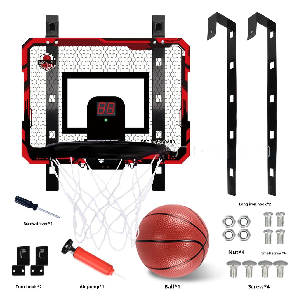 Red folding basketball frame with suction cups mounted on wall showing 400x300mm panels