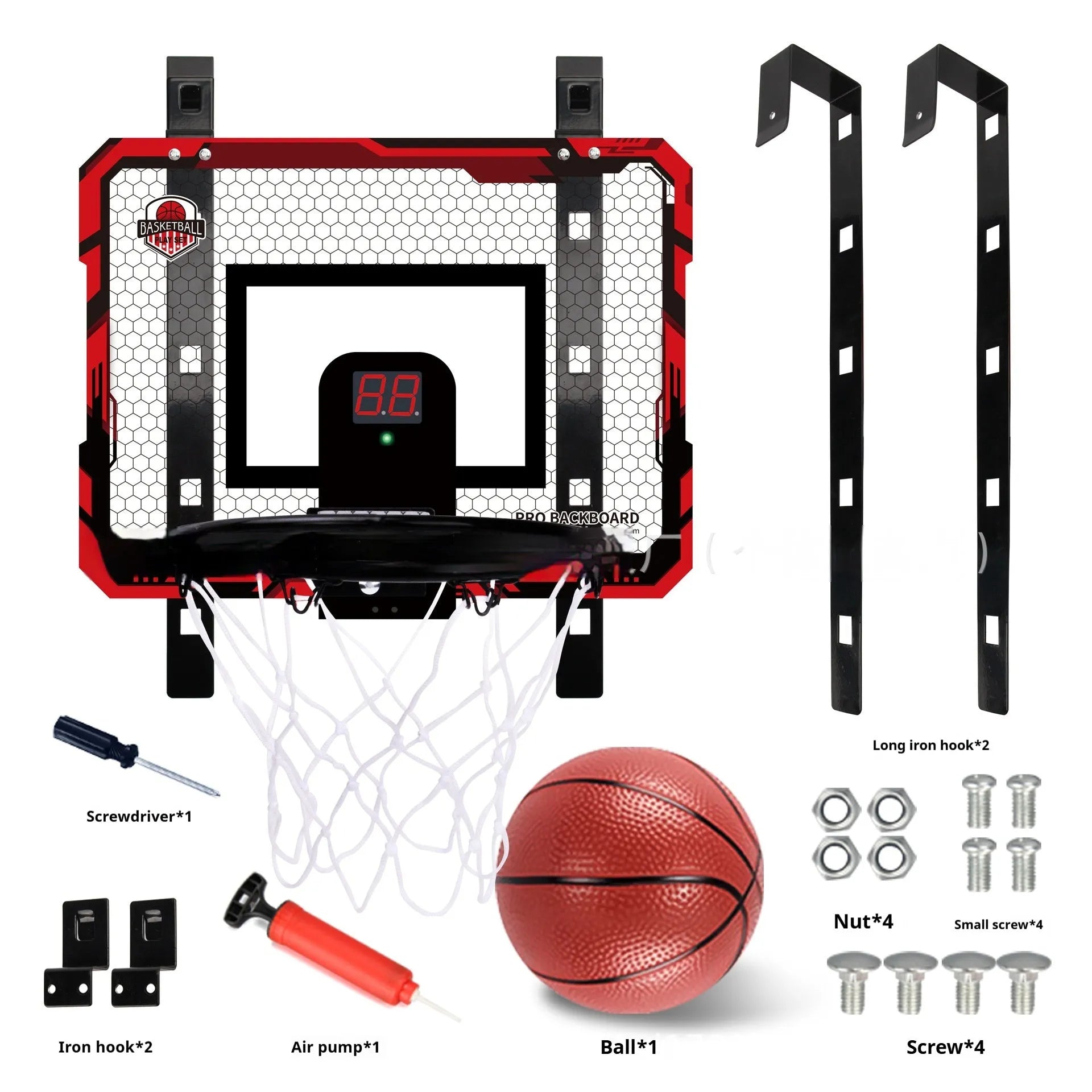 Red folding basketball frame with suction cups mounted on wall showing 400x300mm panels