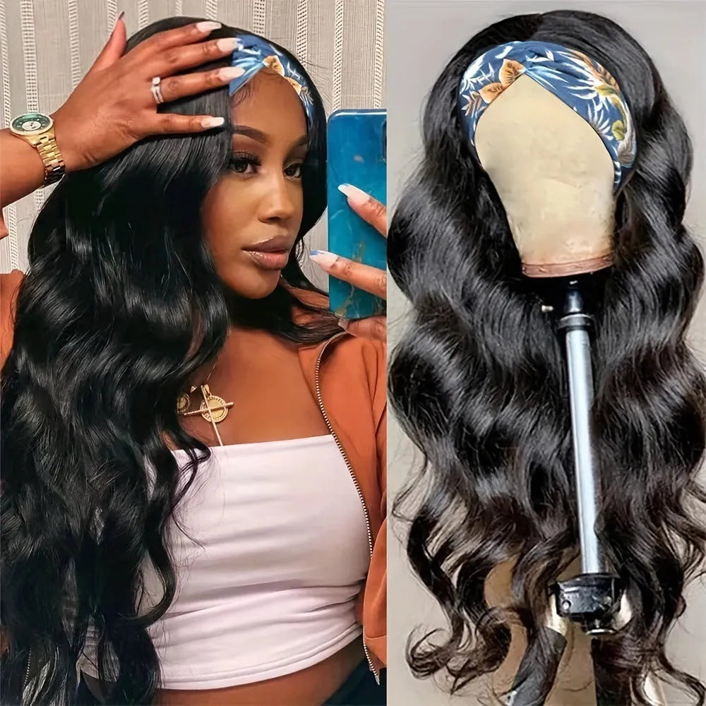 Headband wig with long straight black synthetic hair on a mannequin head