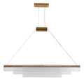 Modern clear glass and iron LED pendant light hanging at three different lengths.