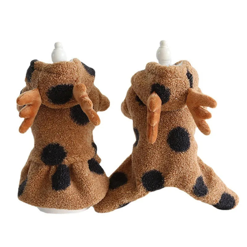 Big Polka Dot Elk Couple design pet clothing for dogs or cats in skirt and four-legged styles.