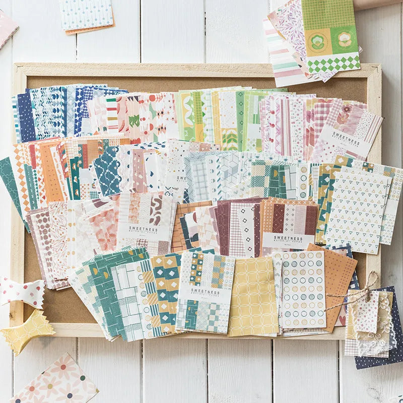 Pack of 50 assorted colourful retro sweet-themed note paper sheets measuring 56mm by 83mm.